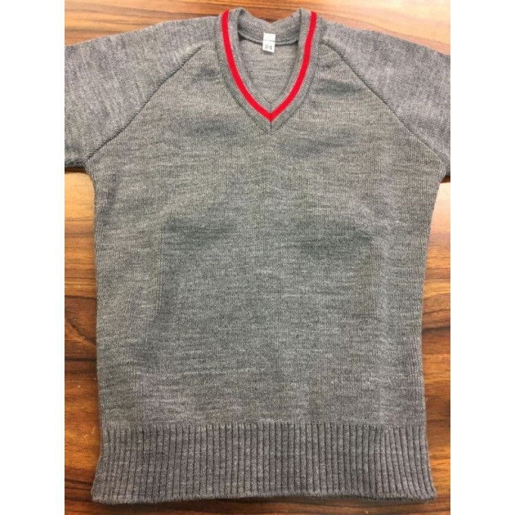 Grey V Neck Jumper with Red Trim