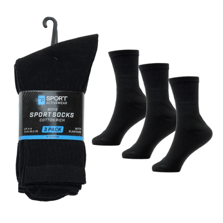  Hover to zoom  KIDS 3 PACK BLACK SPORT SOCKS - SIZE 4-6