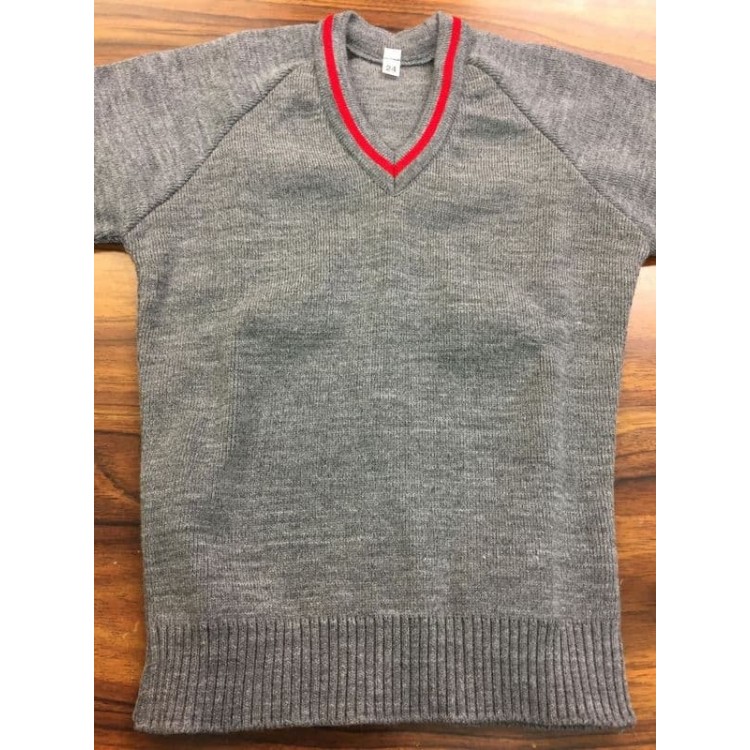 Grey V-Neck Jumper with Red Piping
